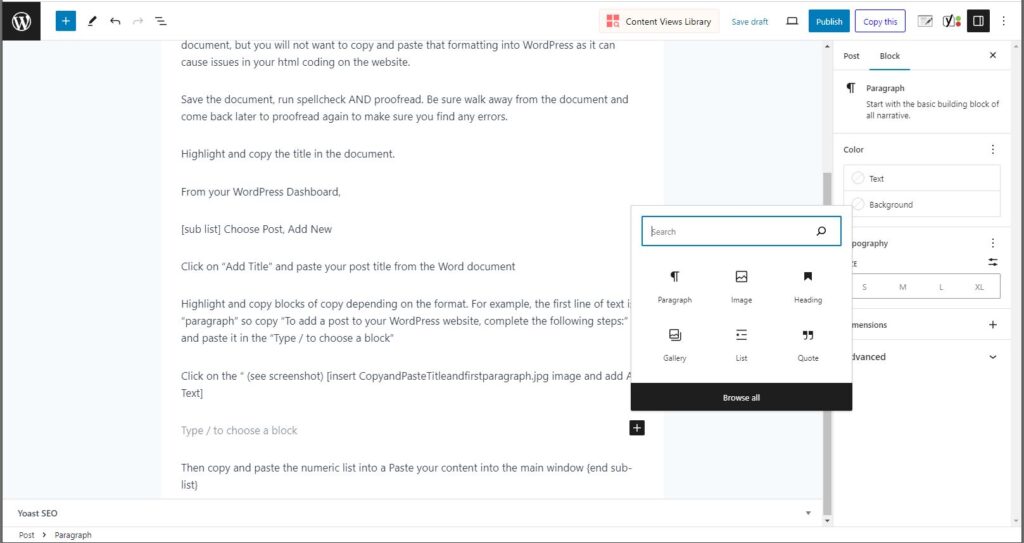 Screenshot of Add Post screen with information filled out on WordPress.